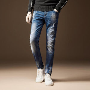 Men's Jeans Classic Direct Stretch Dark Blue Business Casual Denim Pants Slim Scratched Long Trousers Gentleman Cowboys