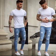 Load image into Gallery viewer, slim fit with Pleated Washed streetwear jeans 2018 skinny blue Jeans Trousers for Man New Men Ripped holes Denim jeans pants men