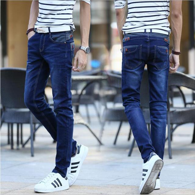 Casual Biker Motor Male Trousers 2018 Blue Buttons Pockets Design Slim Fit Skinny Denim Pants Men's jeans Stretch Joggers Jeans